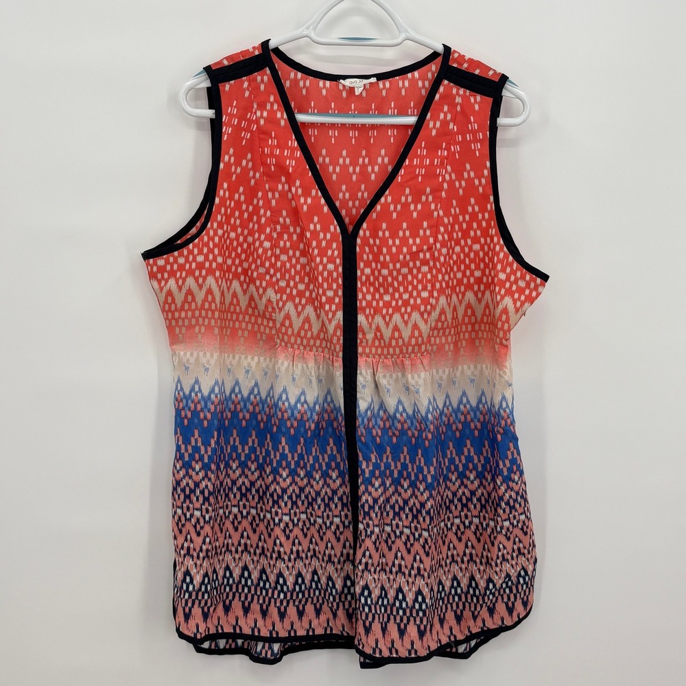Ava James Womens Orange Blue Geometric Ikat V-Neck Sleeveless Blouseā Large